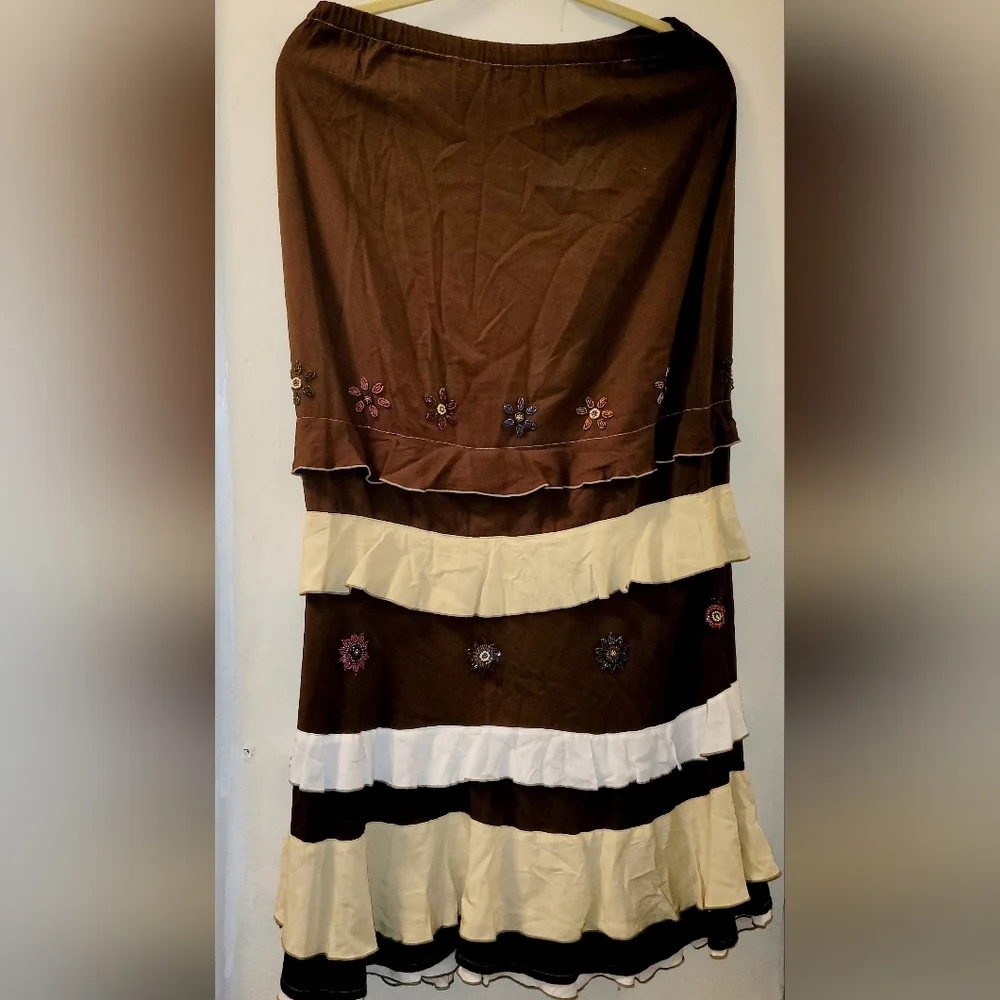 Cordelia Tiered Boho Flower Beaded Brown And Tan Maxi Skirt Size S Cottage core - Picture 3 of 8